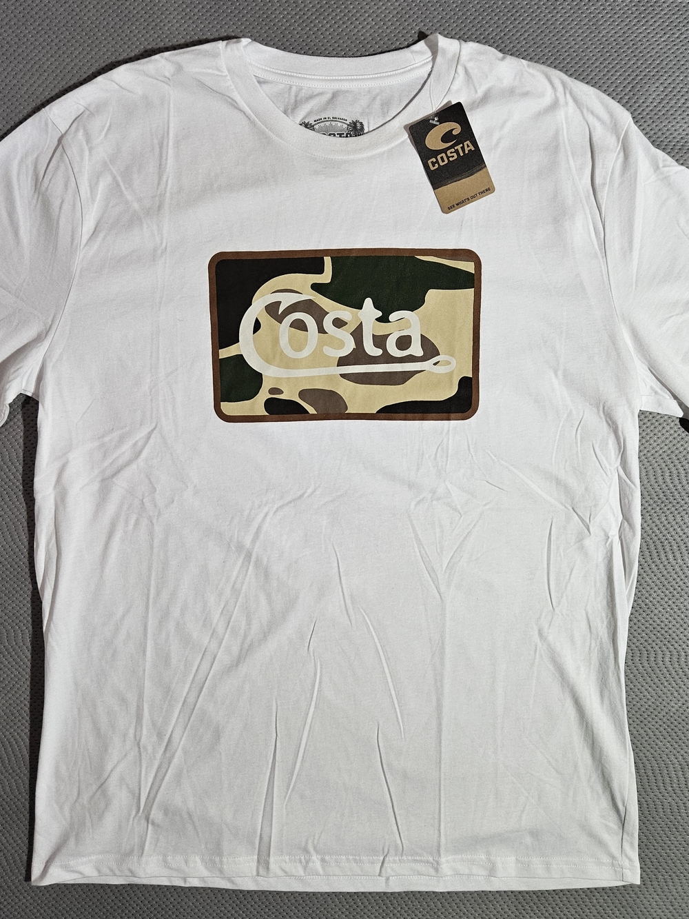 Costa Men's White Tee with Camo Logo